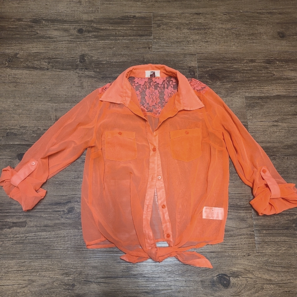 L.E.I. Sheer Hot Pink Button-up Blouse